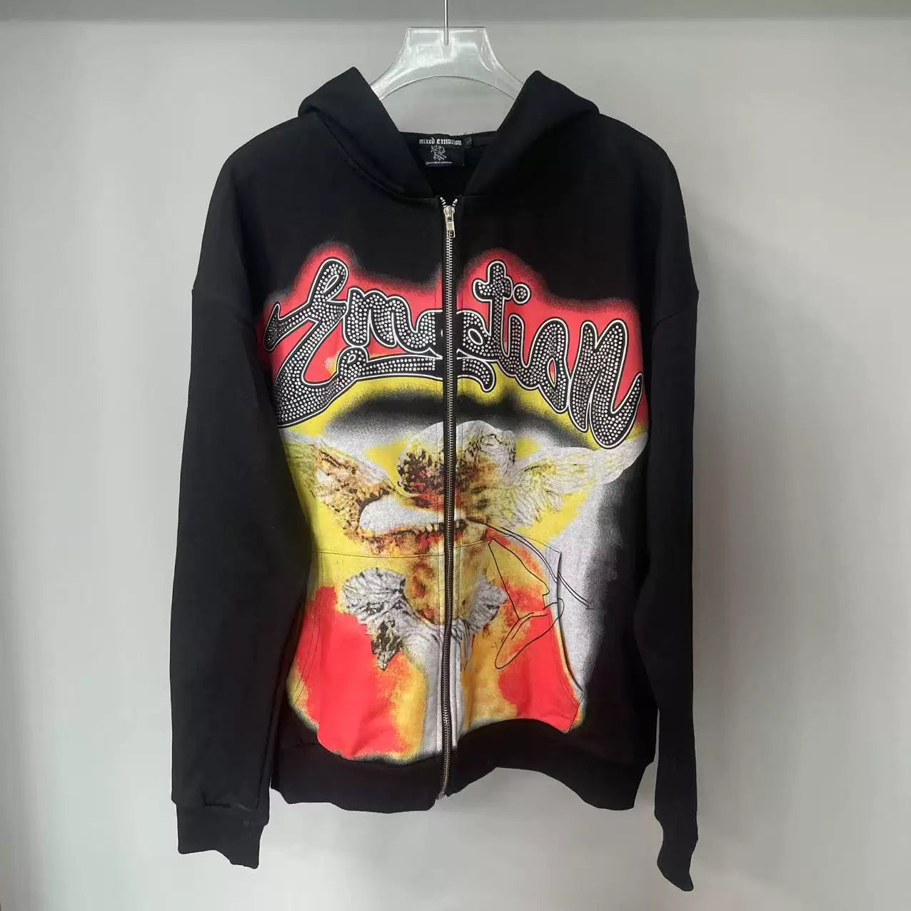 Mixed Emotion Black Zip Hoodie – Worn Angel Rhinestone Emotion Print