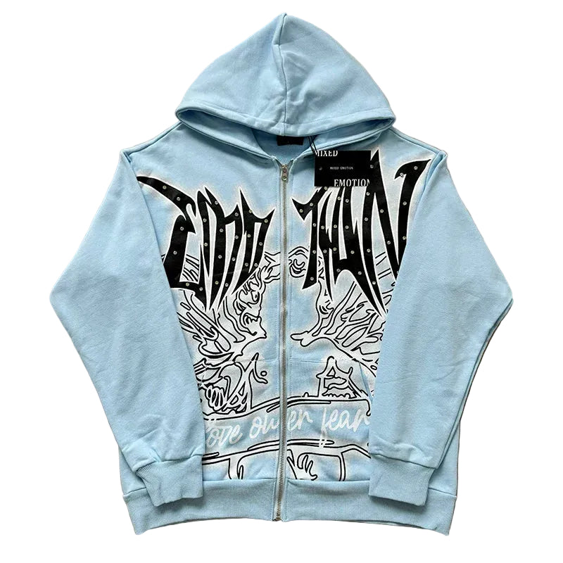 Mixed Emotion Light Blue Zip Hoodie – Black Art Print