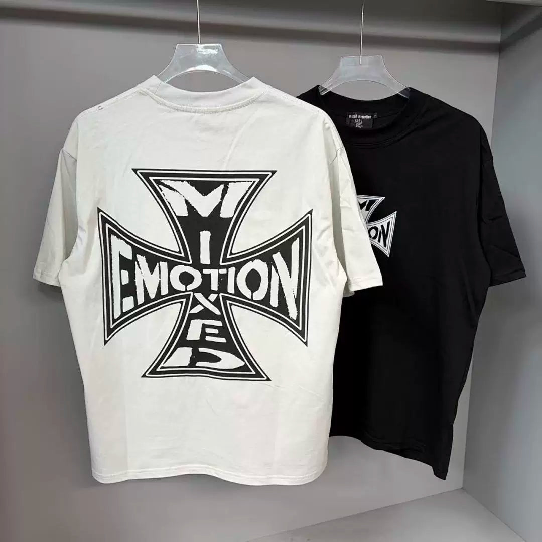 Mixed Emotion Cross Logo Distressed Short Sleeve T‑Shirt