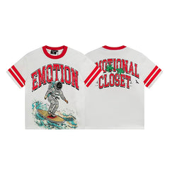Mixed Emotion White Tee – Red Collar Astronaut Surfer Print