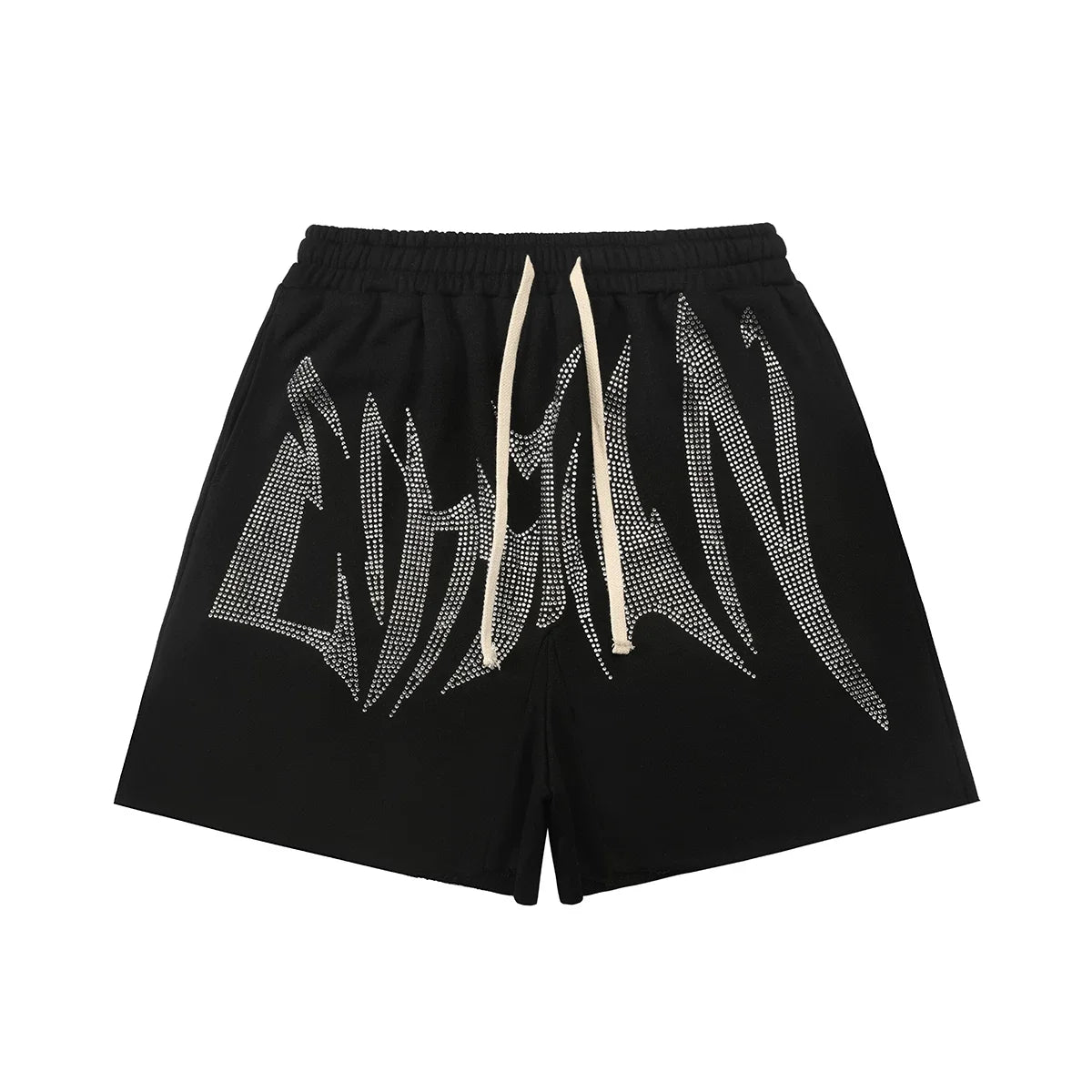 Mixed Emotion Black Shorts – White Rhinestone Art Letter Print