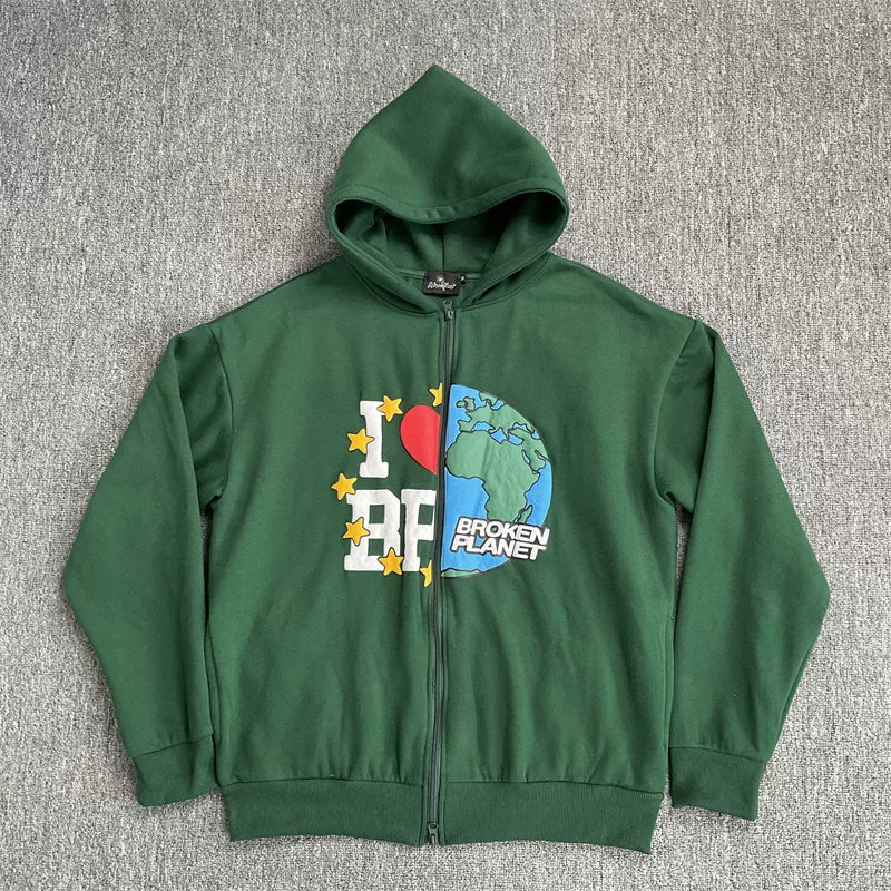 Broken Planet I Love BP Earth Graphic Zip‑Up Tracksuit Set (3 Colors)