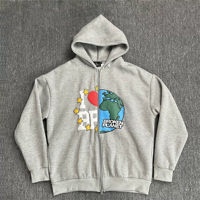 Broken Planet I Love BP Earth Graphic Zip‑Up Tracksuit Set (3 Colors)