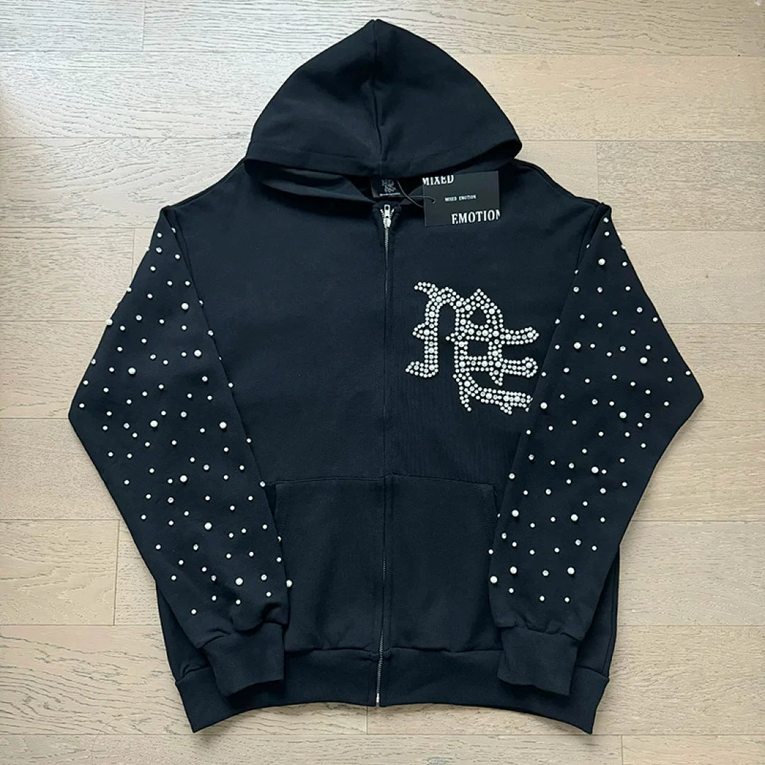 Mixed Emotion Rhinestone Logo Zip‑Up Hoodie Tracksuit Set