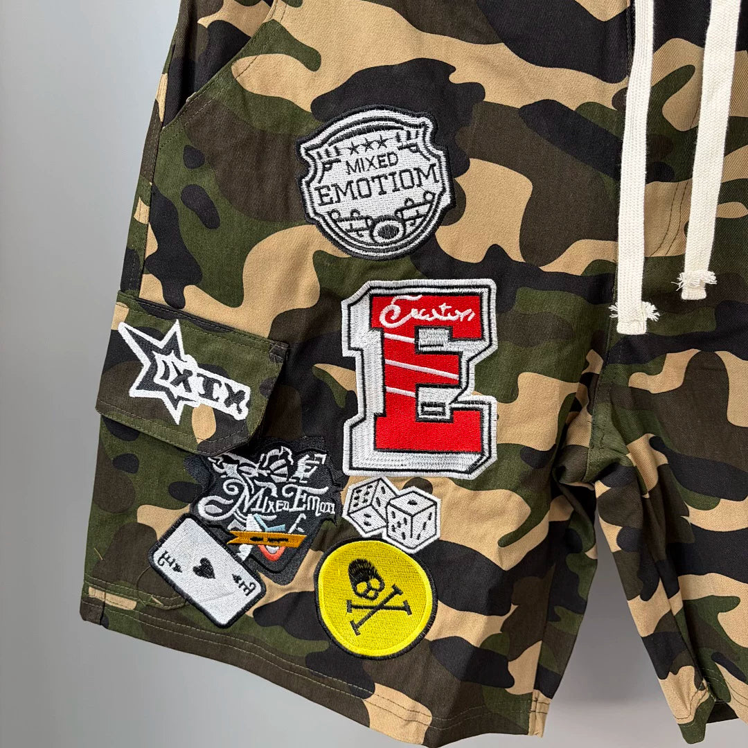 Mixed Emotion Camo Multi‑Patch Cargo Shorts