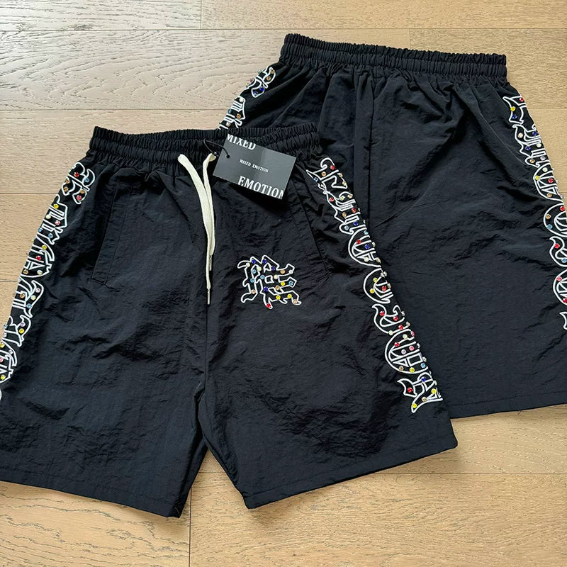 Mixed Emotion Rhinestone Graphic Zip‑Up Shirt & Shorts Set