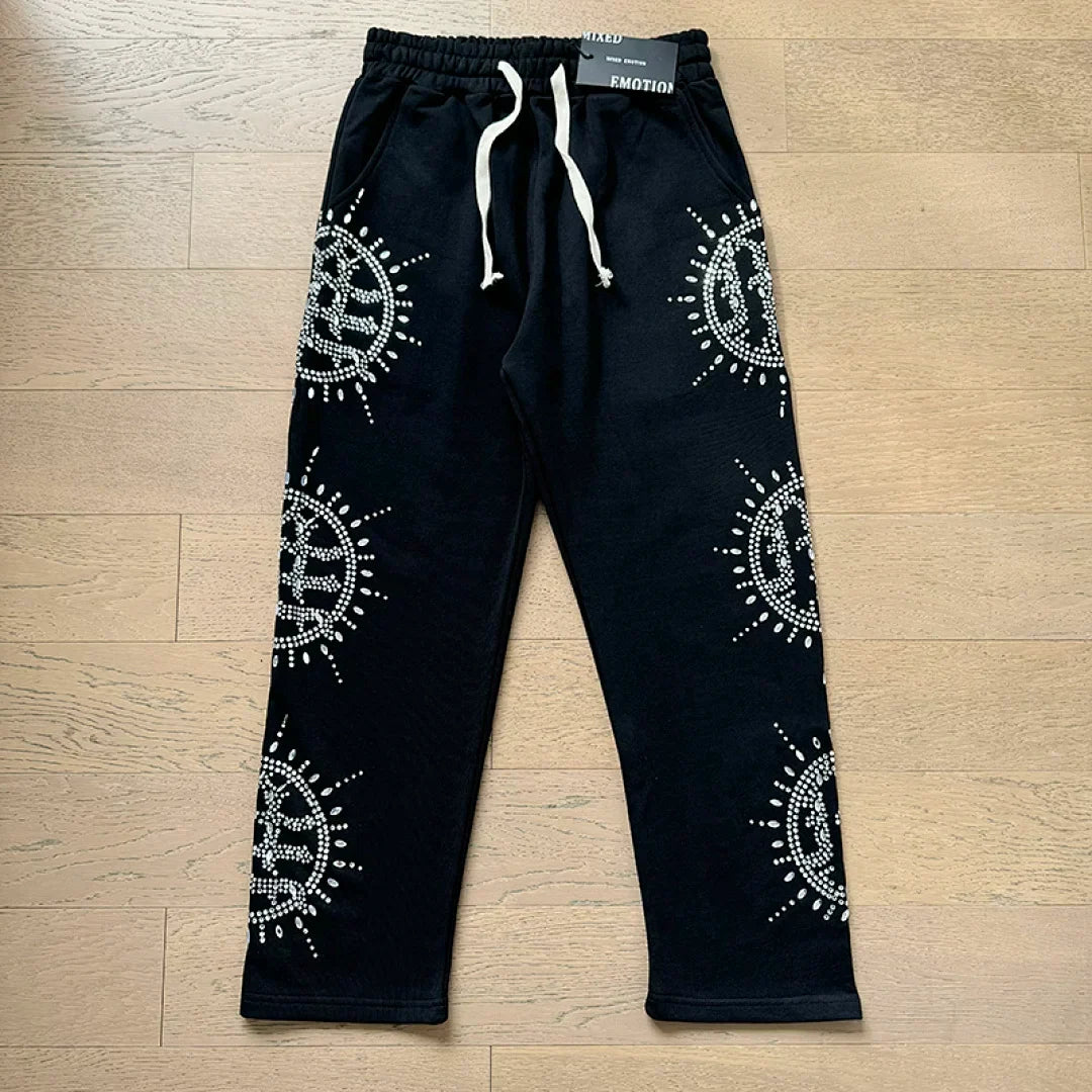 Mixed Emotion Rhinestone Sun Logo Zip‑Up Hoodie Tracksuit Set