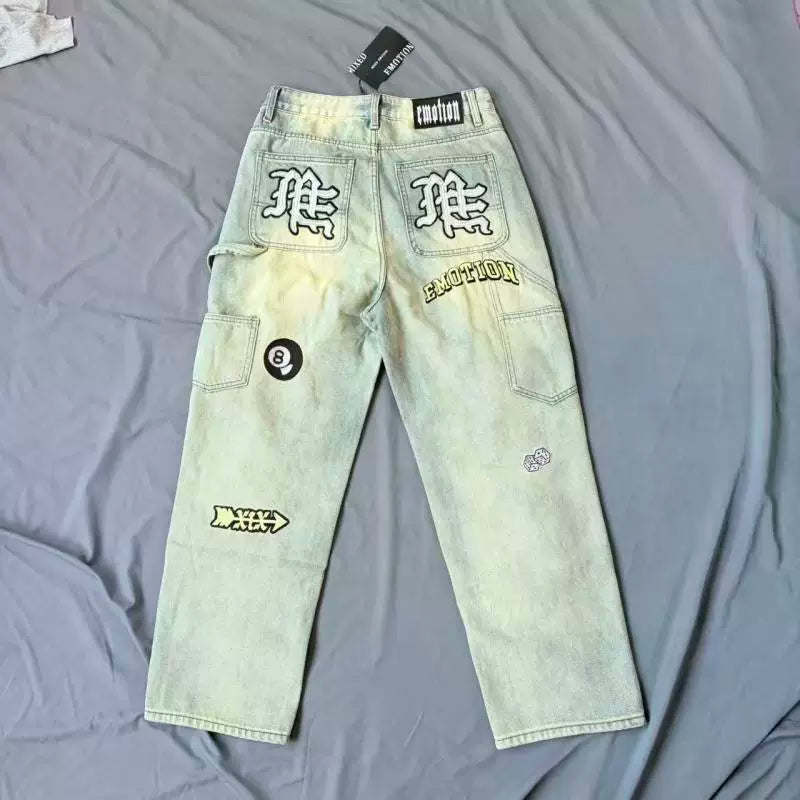 Mixed Emotion Multi‑Patch Distressed Carpenter Jeans