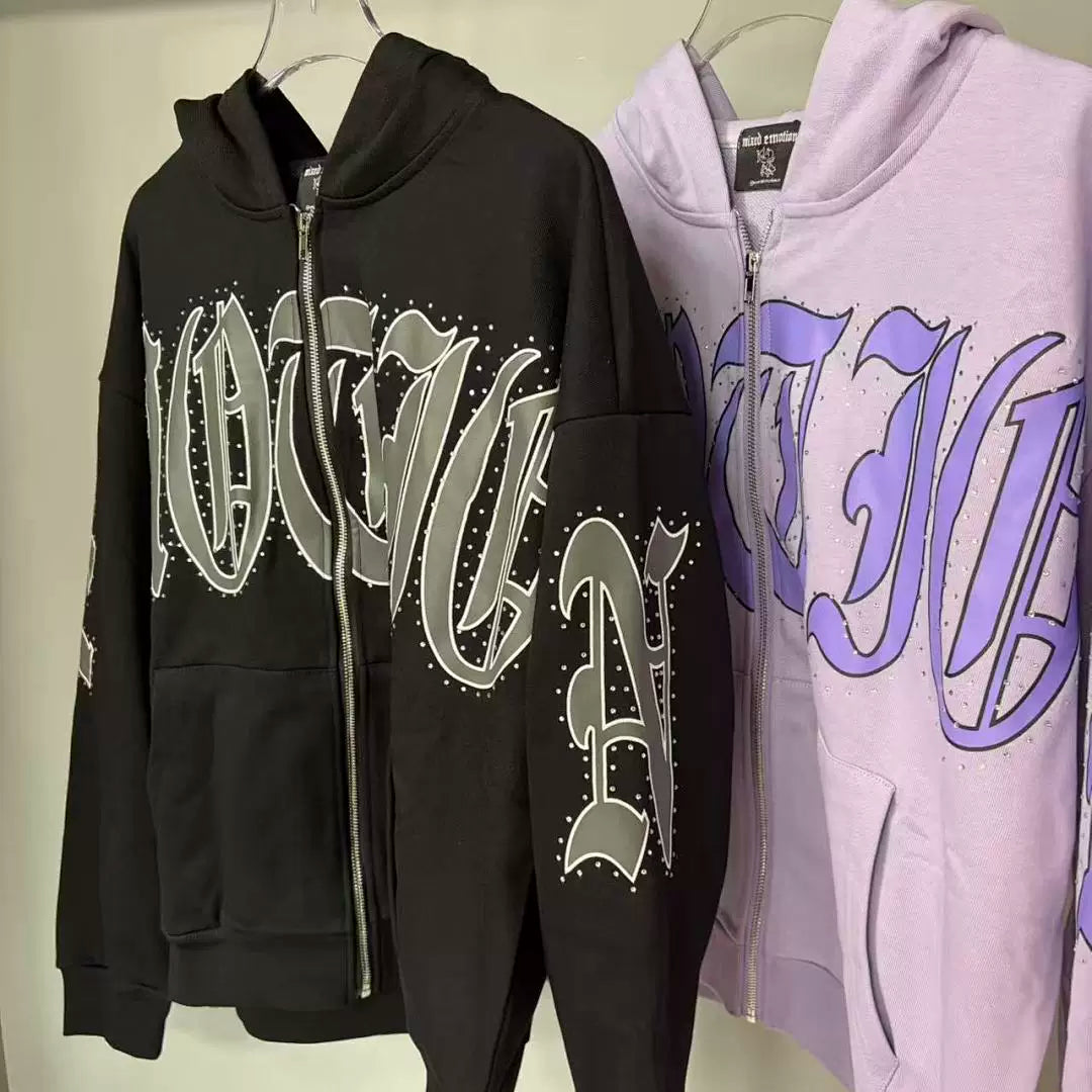 Mixed Emotion Rhinestone Gothic Letter Zip‑Up Hoodie