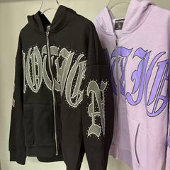 Mixed Emotion Rhinestone Gothic Letter Zip‑Up Hoodie