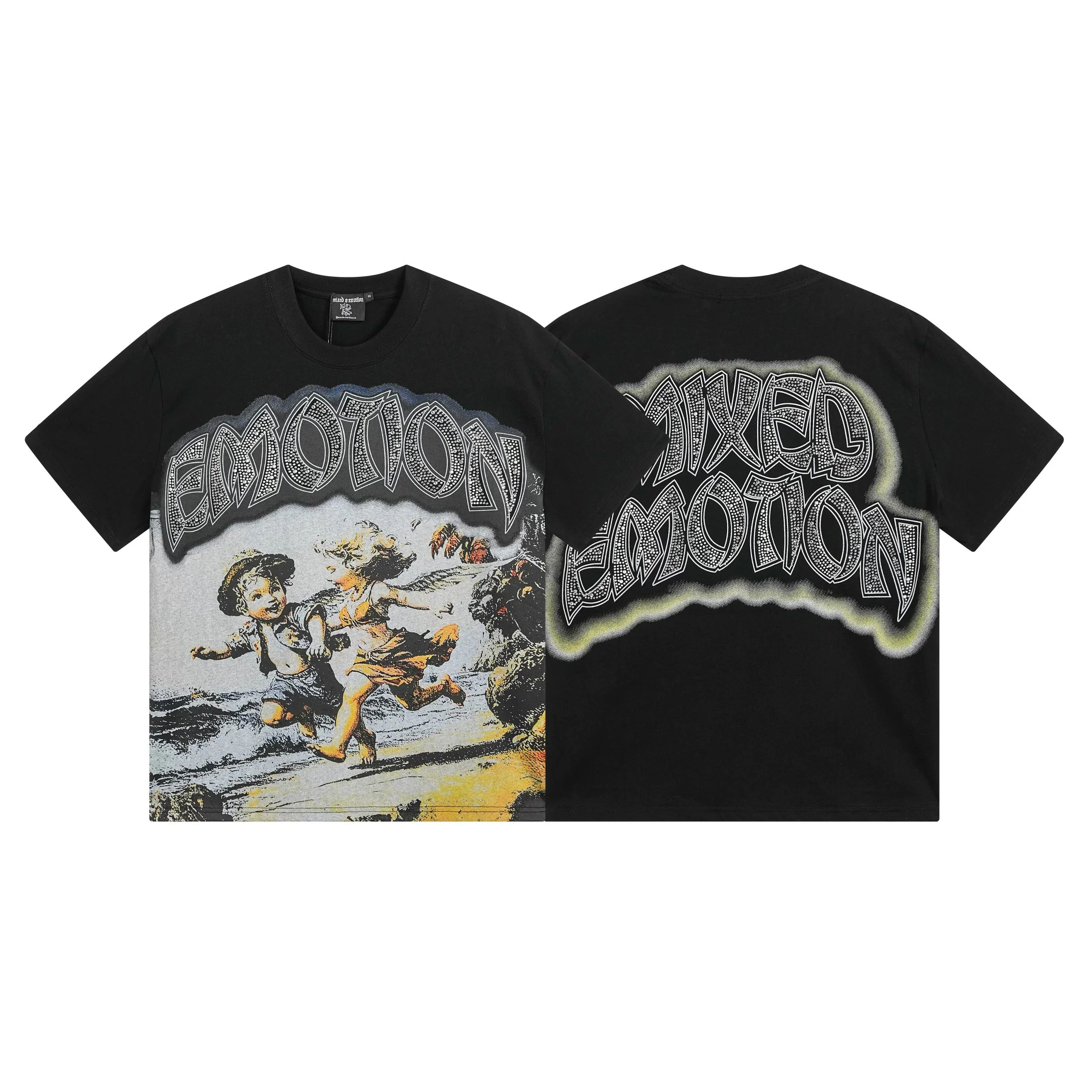 Mixed Emotion Black Tee – Kid Running Rhinestone Emotion Print