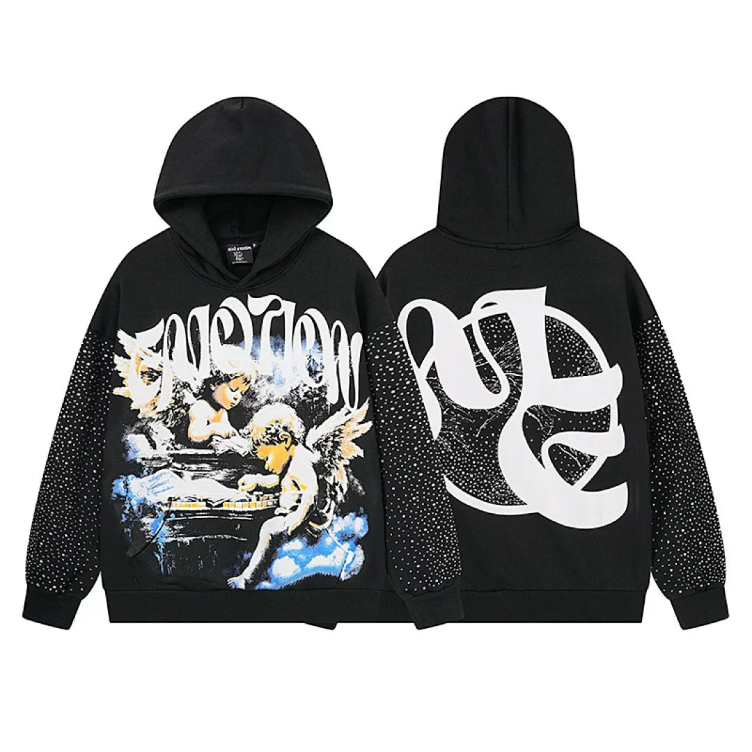 Mixed Emotion Vintage Angel Graphic Rhinestone‑Sleeve Hoodie
