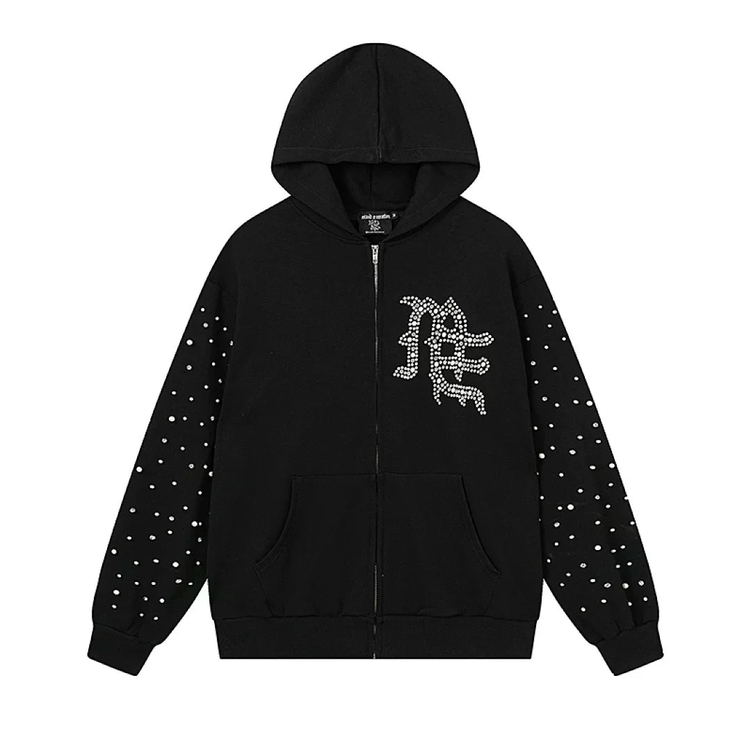 Mixed Emotion Rhinestone Logo Zip‑Up Hoodie Tracksuit Set