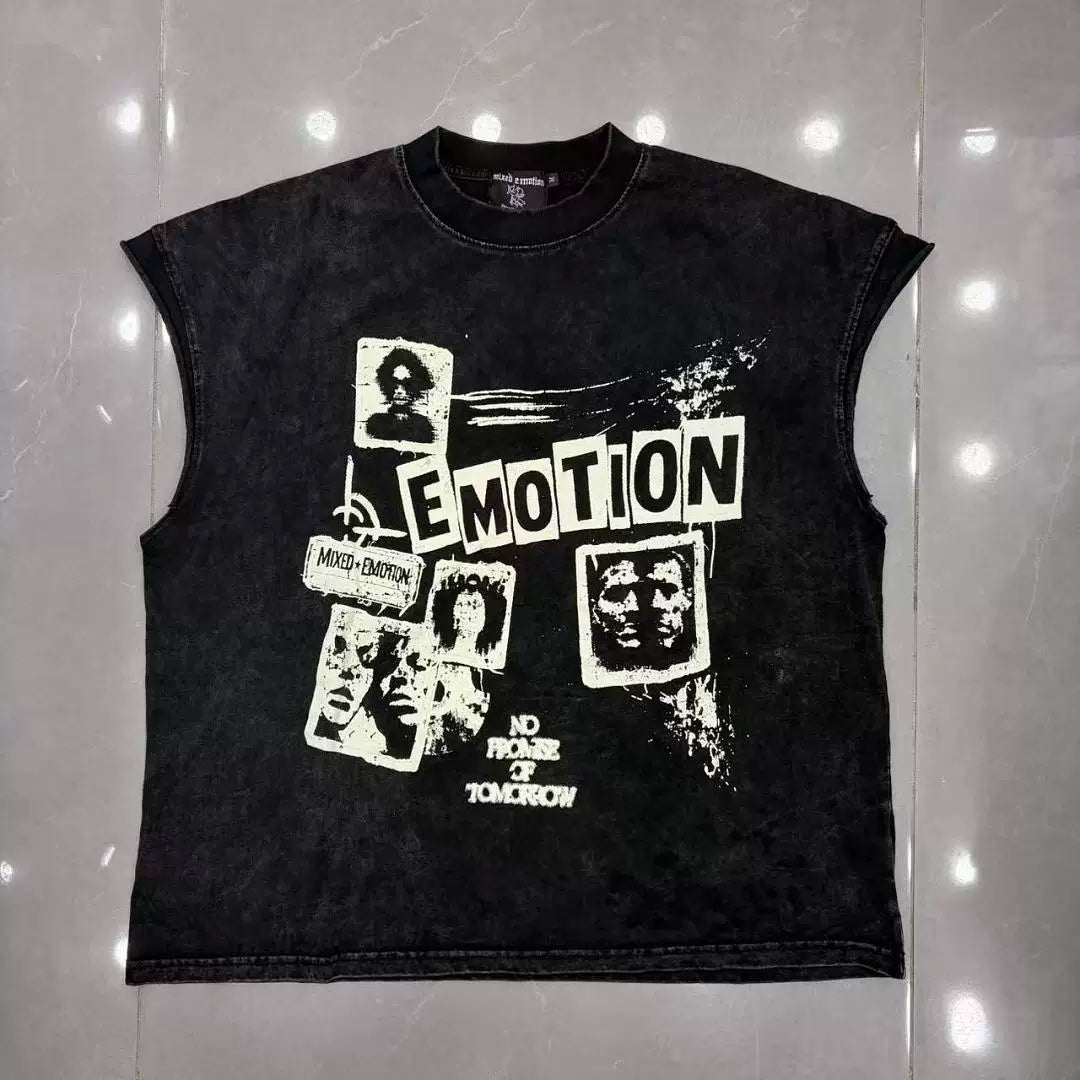 Mixed Emotion Washed Graphic Cut‑Off Sleeveless Tank Top