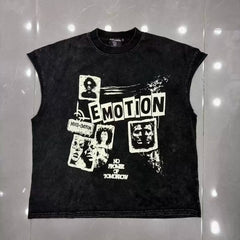 Mixed Emotion Washed Graphic Cut‑Off Sleeveless Tank Top