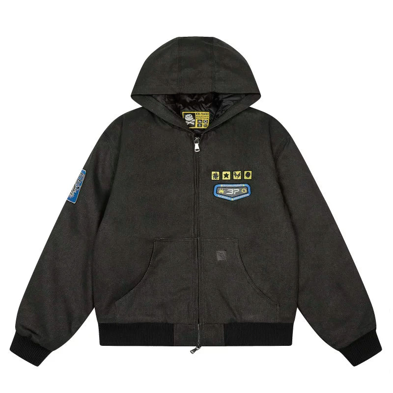 Broken Planet Patched Hooded Work Bomber Jacket - Dark Grey