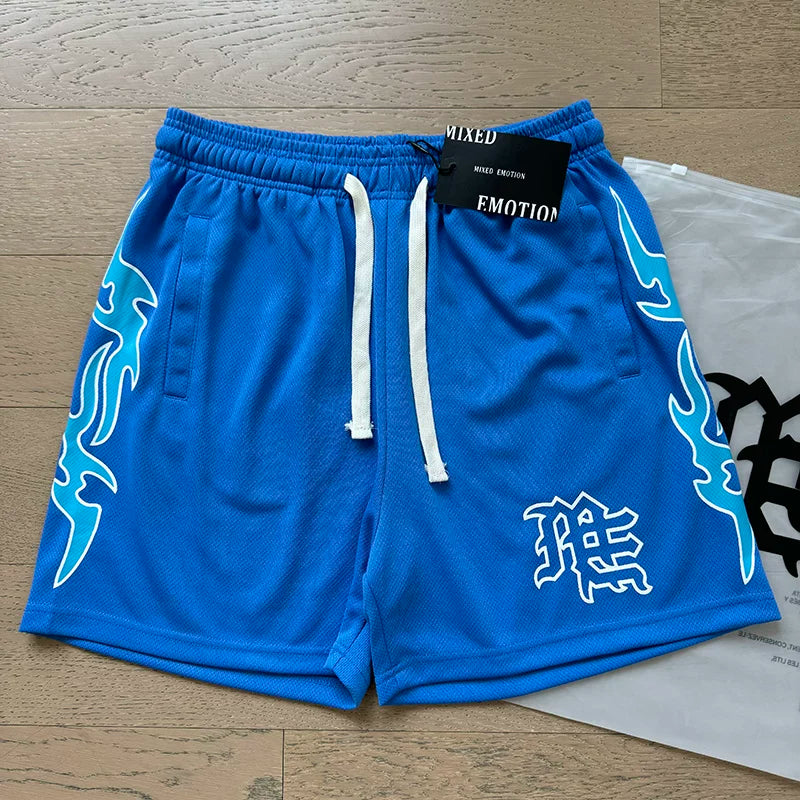 Mixed Emotion Gothic Logo Blue Mesh Streetwear Shorts