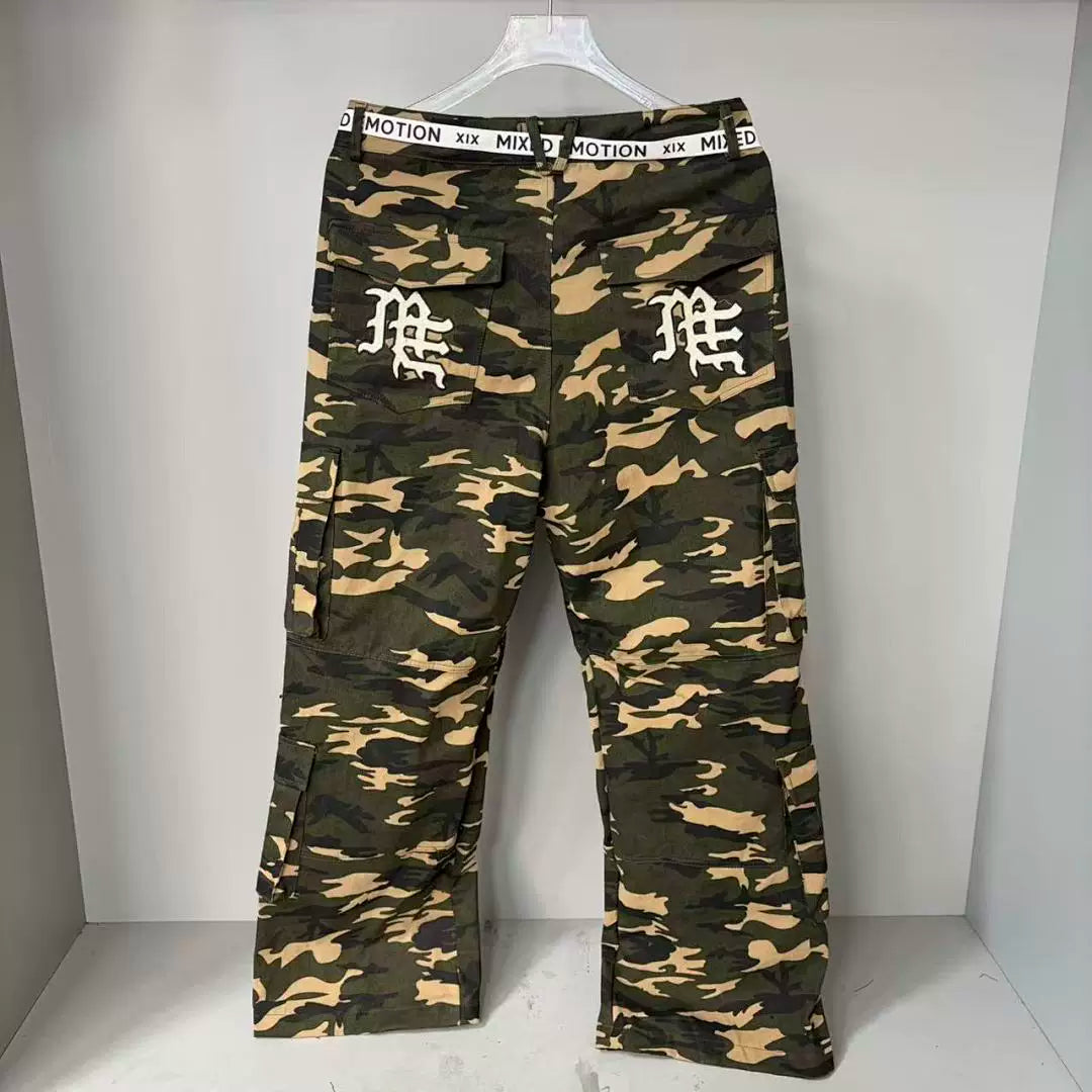 Mixed Emotion Camo Multi‑Pocket Embroidered Cargo Pants