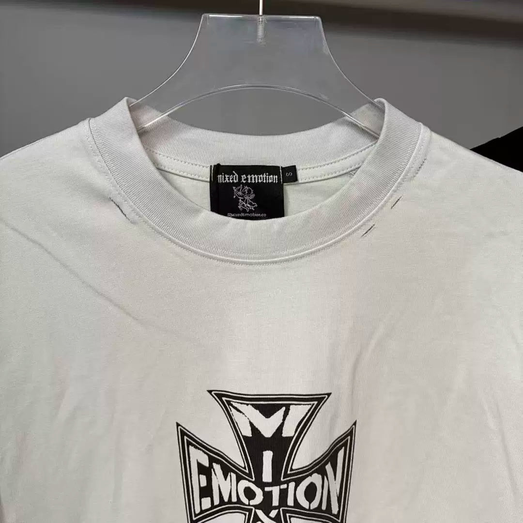 Mixed Emotion Cross Logo Distressed Short Sleeve T‑Shirt