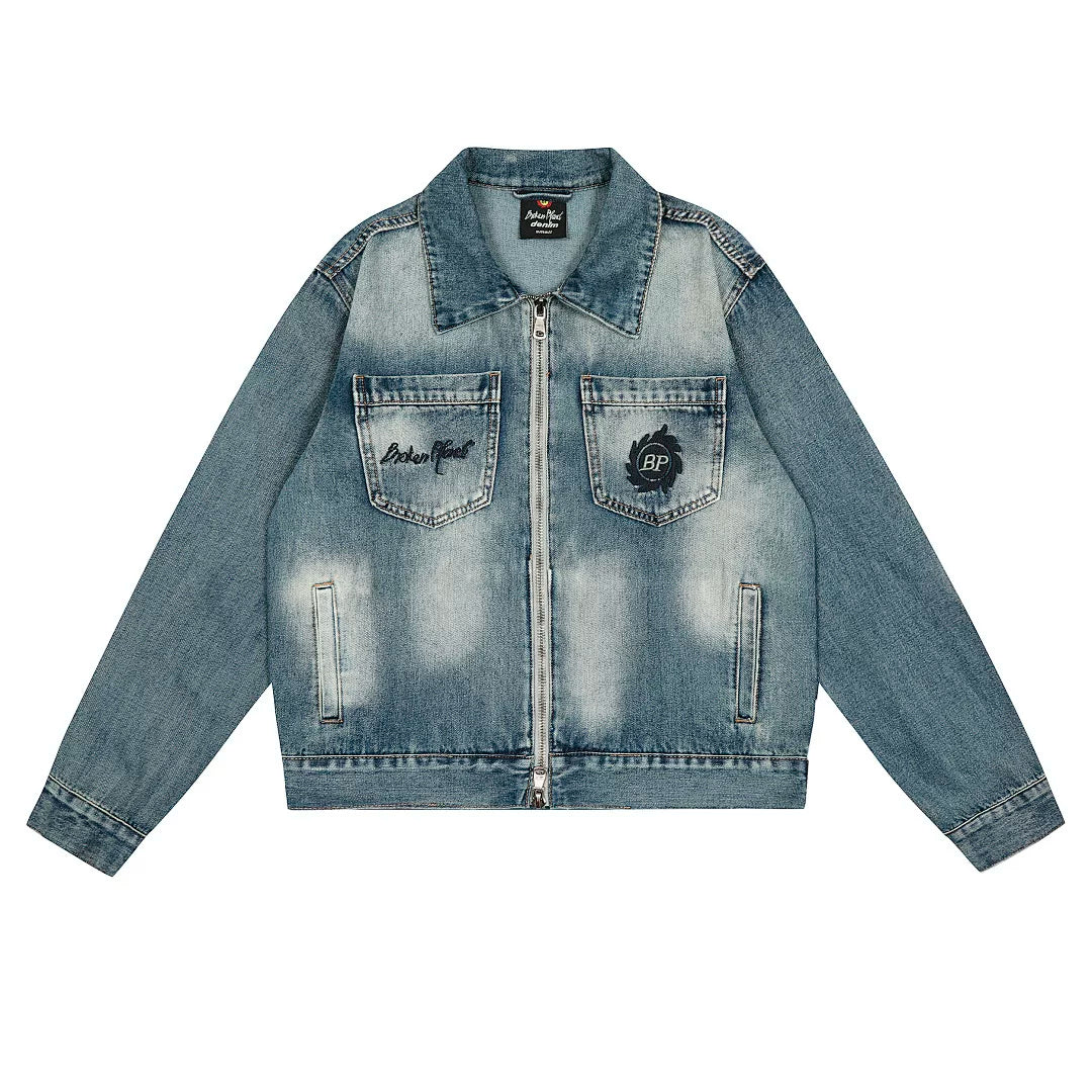 Broken Planet Flame BP Logo Washed Zip Denim Jacket