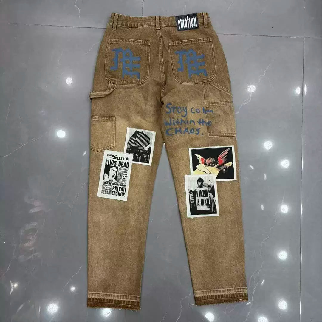 Mixed Emotion Newspaper Patchwork Flare Cargo Jeans