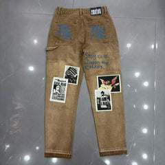 Mixed Emotion Newspaper Patchwork Flare Cargo Jeans