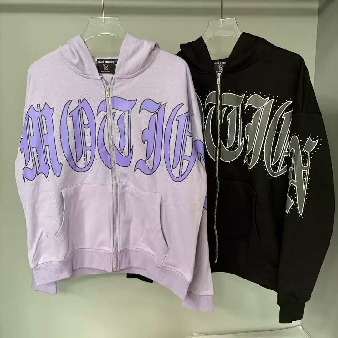 Mixed Emotion Rhinestone Gothic Letter Zip‑Up Hoodie