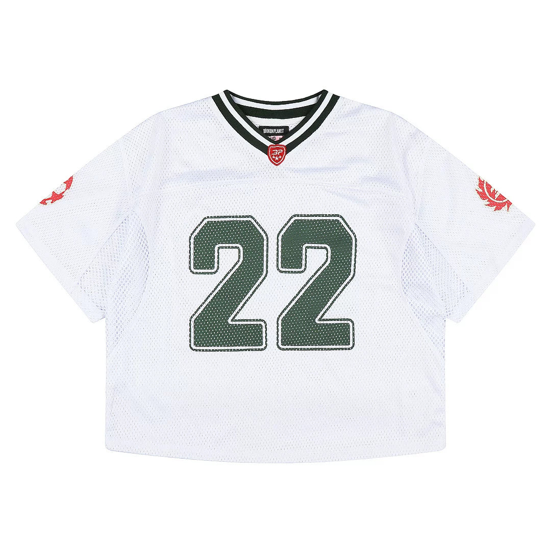 Broken Planet 22 Cropped Mesh Football Jersey, White Retro Oversized Short Football Tee
