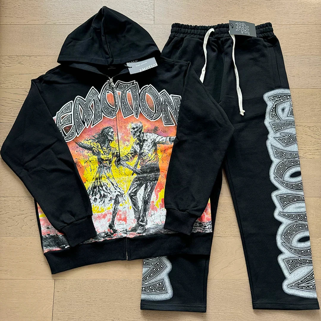 Mixed Emotion Skeleton Graphic Zip‑Up Hoodie Sweatpants Set
