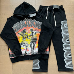 Mixed Emotion Skeleton Graphic Zip‑Up Hoodie Sweatpants Set