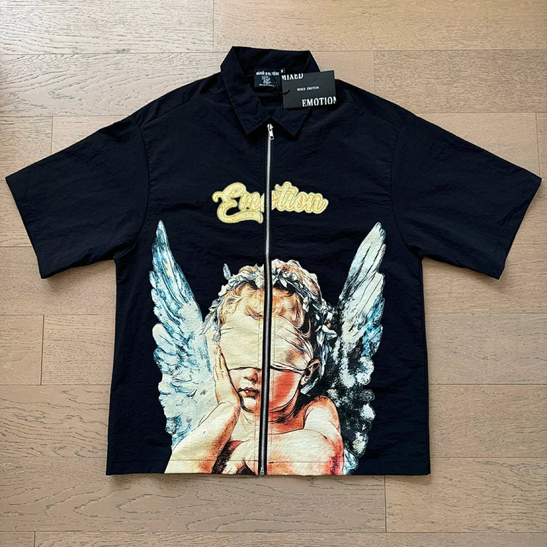Mixed Emotion Cherub Angel Print Short‑Sleeve Zip Shirt & Shorts Set
