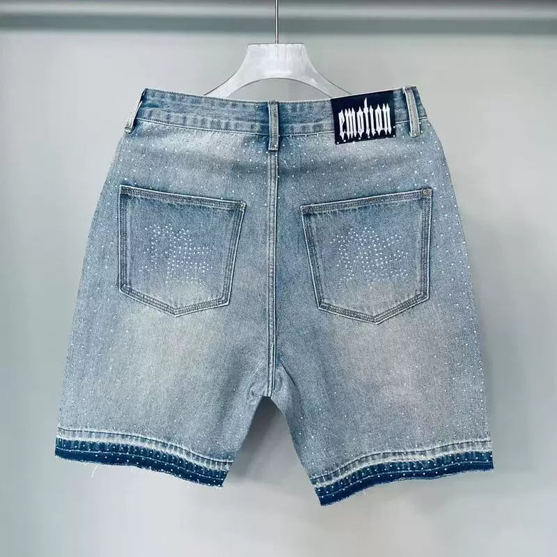 Mixed Emotion Washed Denim Shorts – White Rhinestone Print