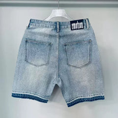 Mixed Emotion Washed Denim Shorts – White Rhinestone Print