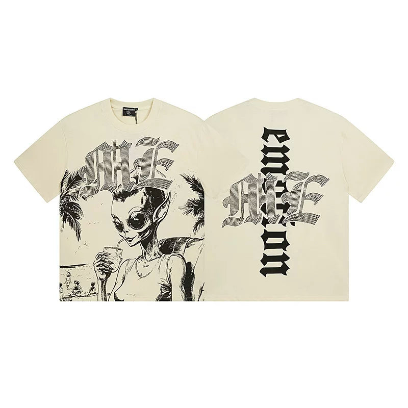 Mixed Emotion Cream Tee – Gothic Cross Alien Woman Print