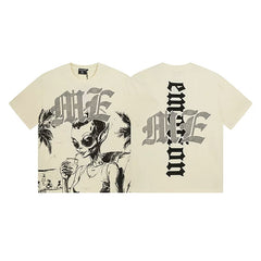 Mixed Emotion Cream Tee – Gothic Cross Alien Woman Print