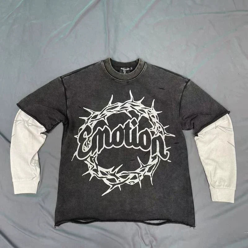 Mixed Emotion Dark Grey Two-Layer Pullover – Thorn Ring Emotion Print