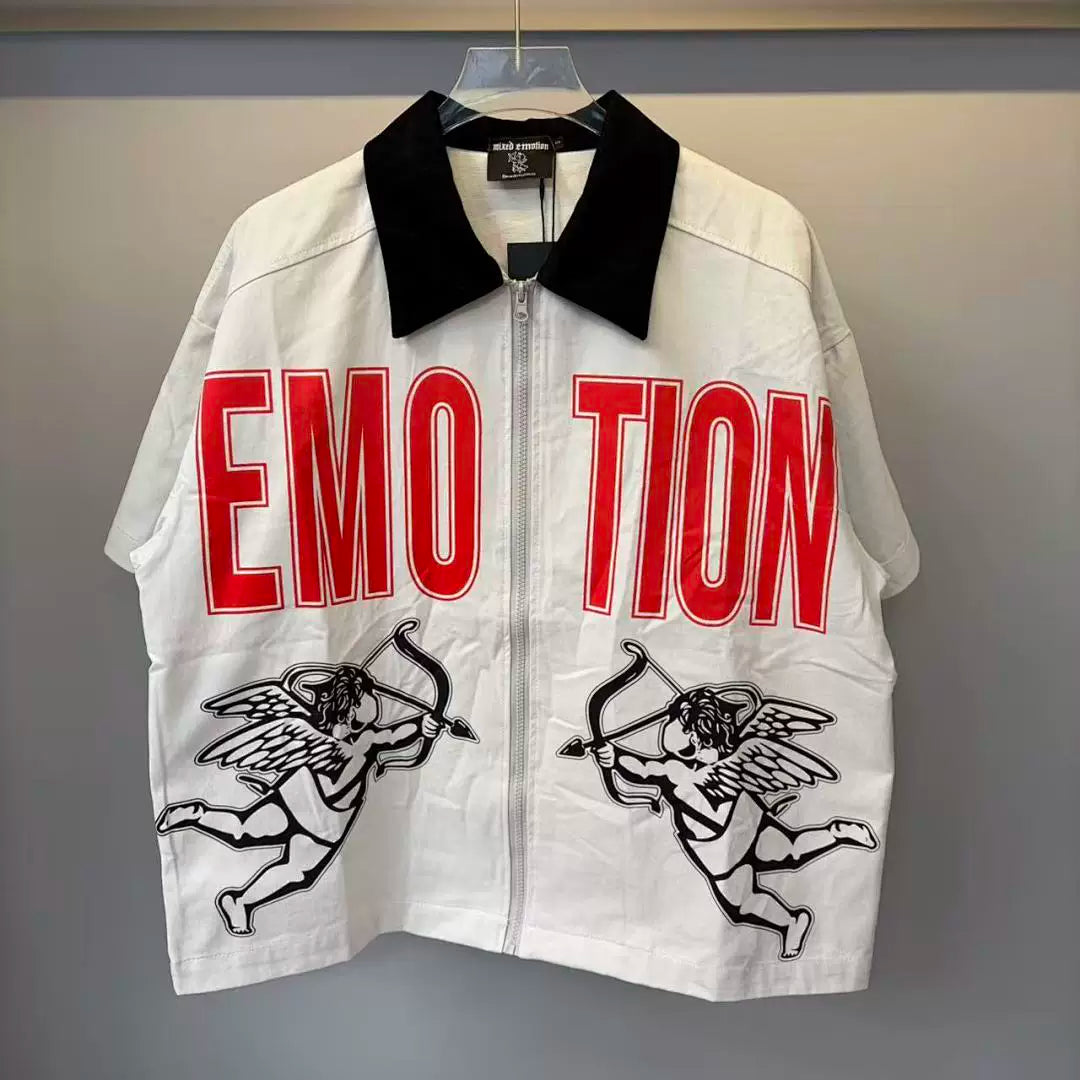 Mixed Emotion Cupid Graphic Zip‑Up Short Sleeve Shirt