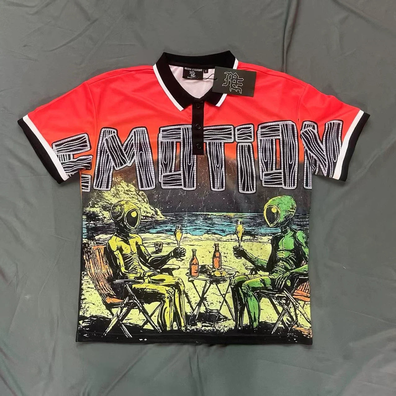 Mixed Emotion Alien Beach Graphic Short Sleeve Polo