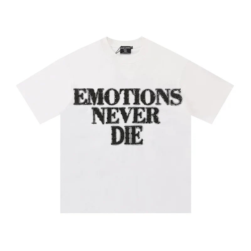 Mixed Emotion White Tee – Studded Emotions Never Die Back Print