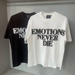 Mixed Emotion White Tee – Studded Emotions Never Die Back Print