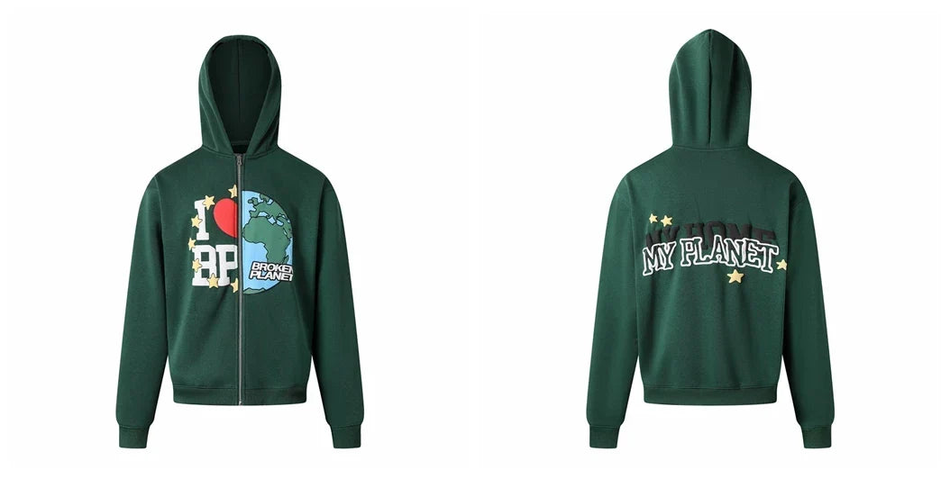 Broken Planet I Love BP Forest Green Zip Hoodie