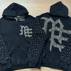 Mixed Emotion Rhinestone Logo Zip‑Up Hoodie Tracksuit Set