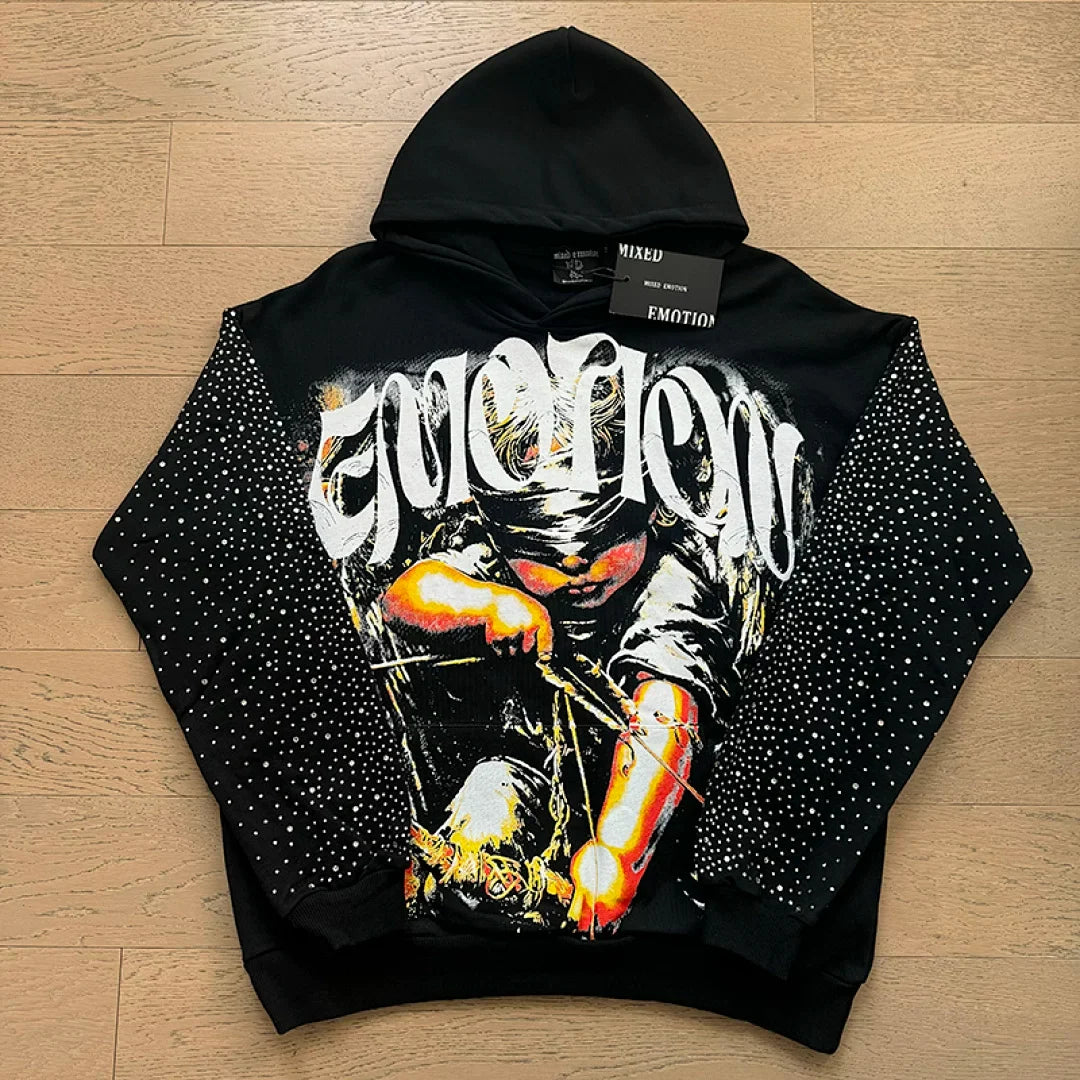 Mixed Emotion Vintage Archer Graphic Rhinestone‑Sleeve Hoodie