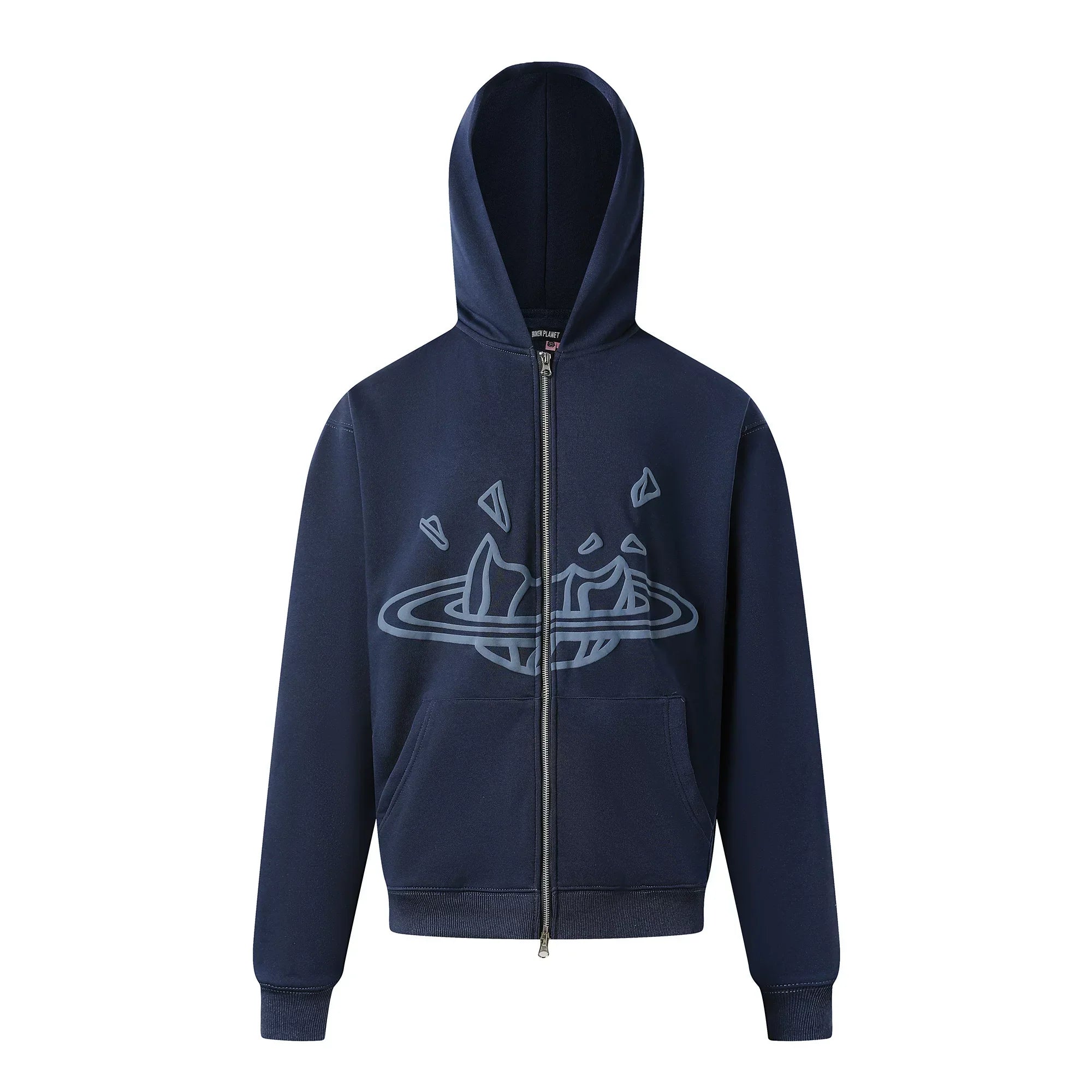 Broken Planet Outline Cracked Planet Navy Blue Zip Hoodie