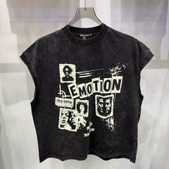Mixed Emotion Washed Graphic Cut‑Off Sleeveless Tank Top
