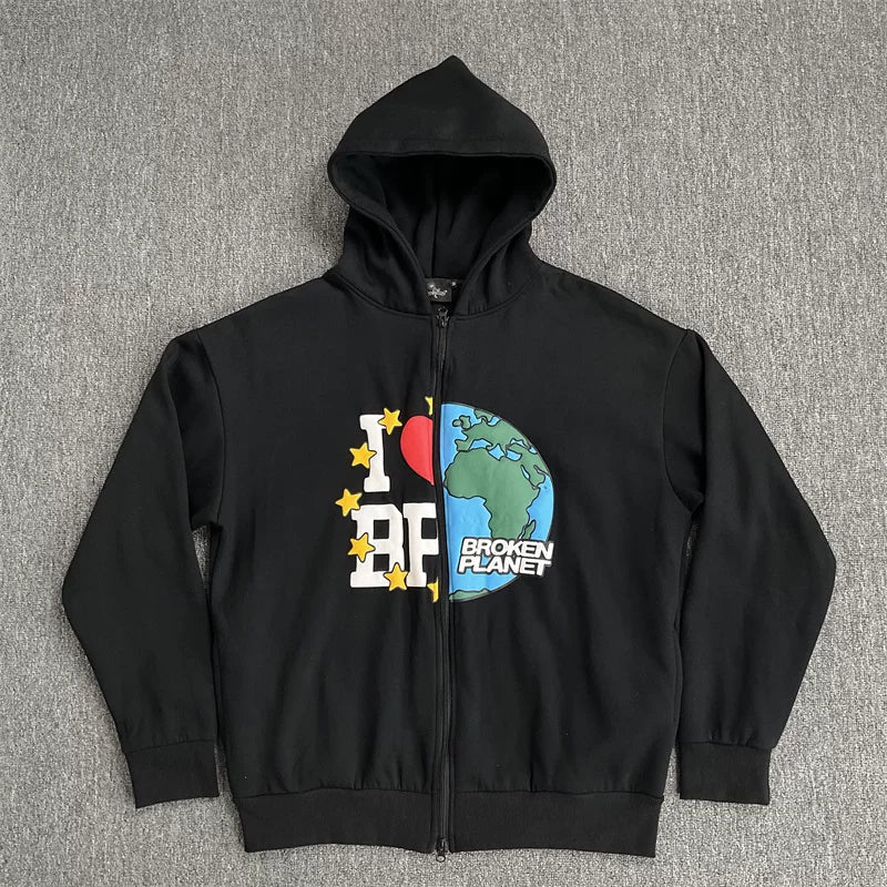 Broken Planet I Love BP Earth Graphic Zip‑Up Tracksuit Set (3 Colors)