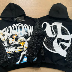 Mixed Emotion Vintage Angel Graphic Rhinestone‑Sleeve Hoodie