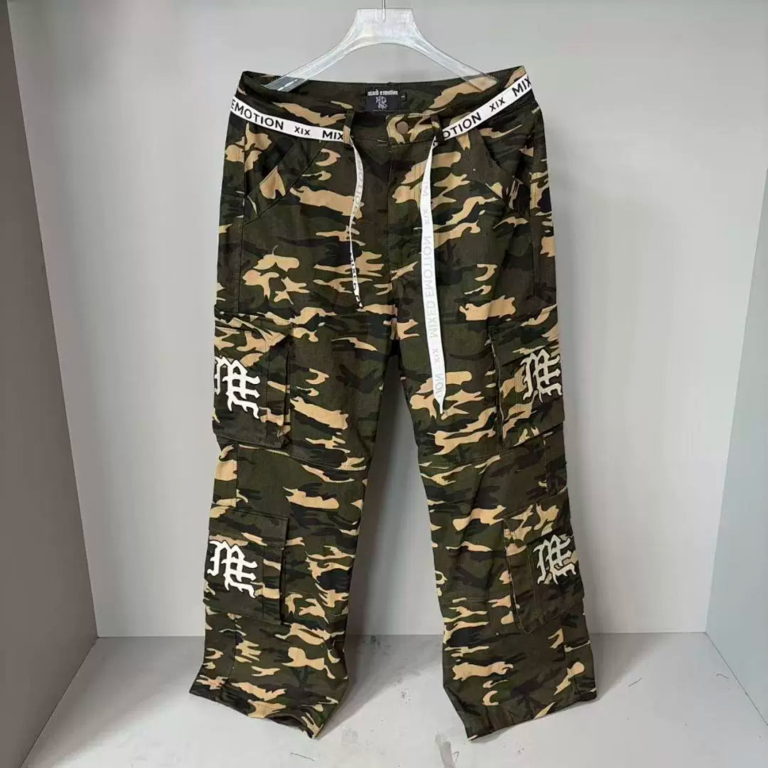Mixed Emotion Camo Multi‑Pocket Embroidered Cargo Pants