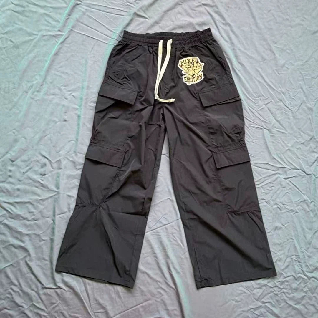 Mixed Emotion Patch Nylon Wide Leg Cargo Pants