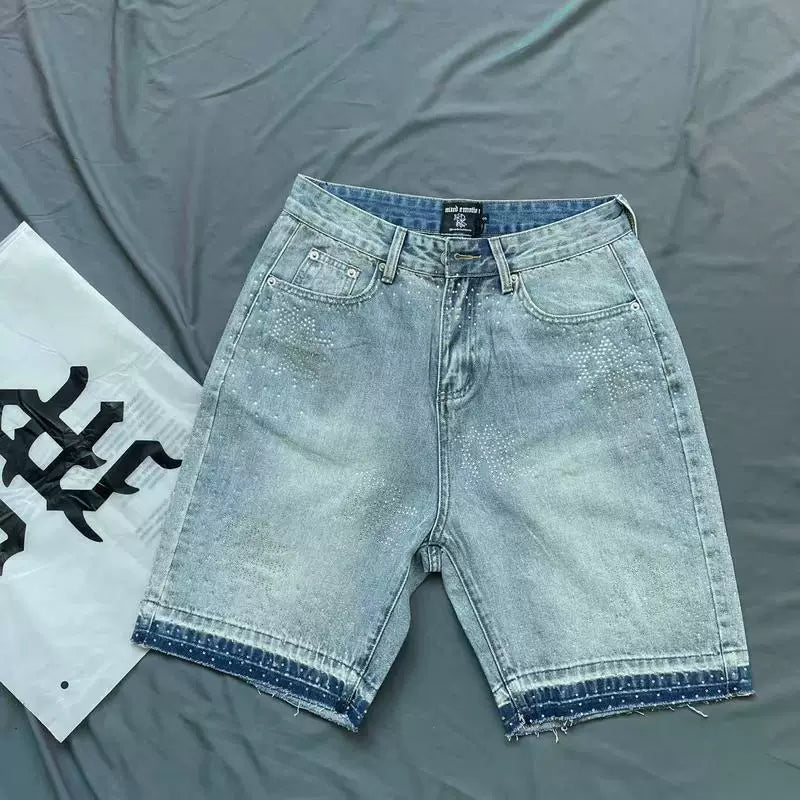 Mixed Emotion Washed Denim Shorts – White Rhinestone Print